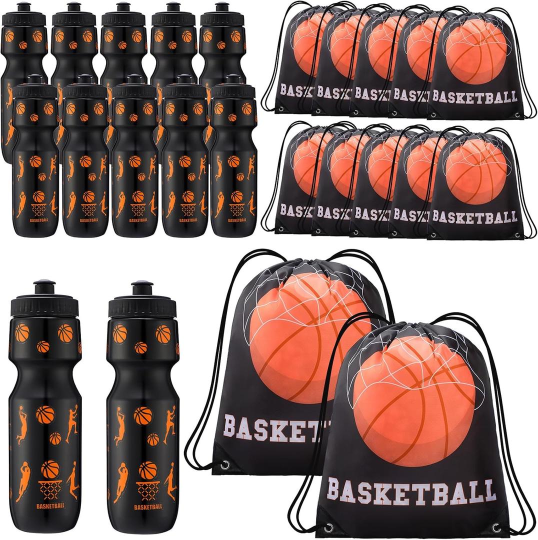 Talltalk 24 Pcs Basketball Party Favors 24 oz Basketball Water Bottle Gift for Team with Drawstring Bag Tumbler Cup Sports Themed Accessories for Events Gift Supplies