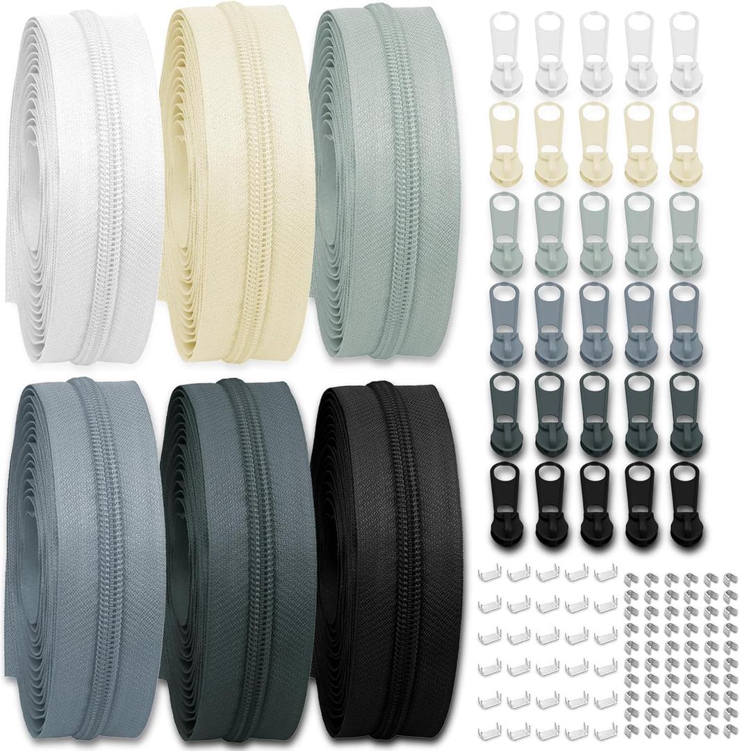 #5 Nylon Zipper Tape for Sewing: YZSFIRM 24 Yards Gray Series by The Yard Nylon Coil Zippers for DIY Sewing Craft with 30 Bulk Metal Zipper Slider