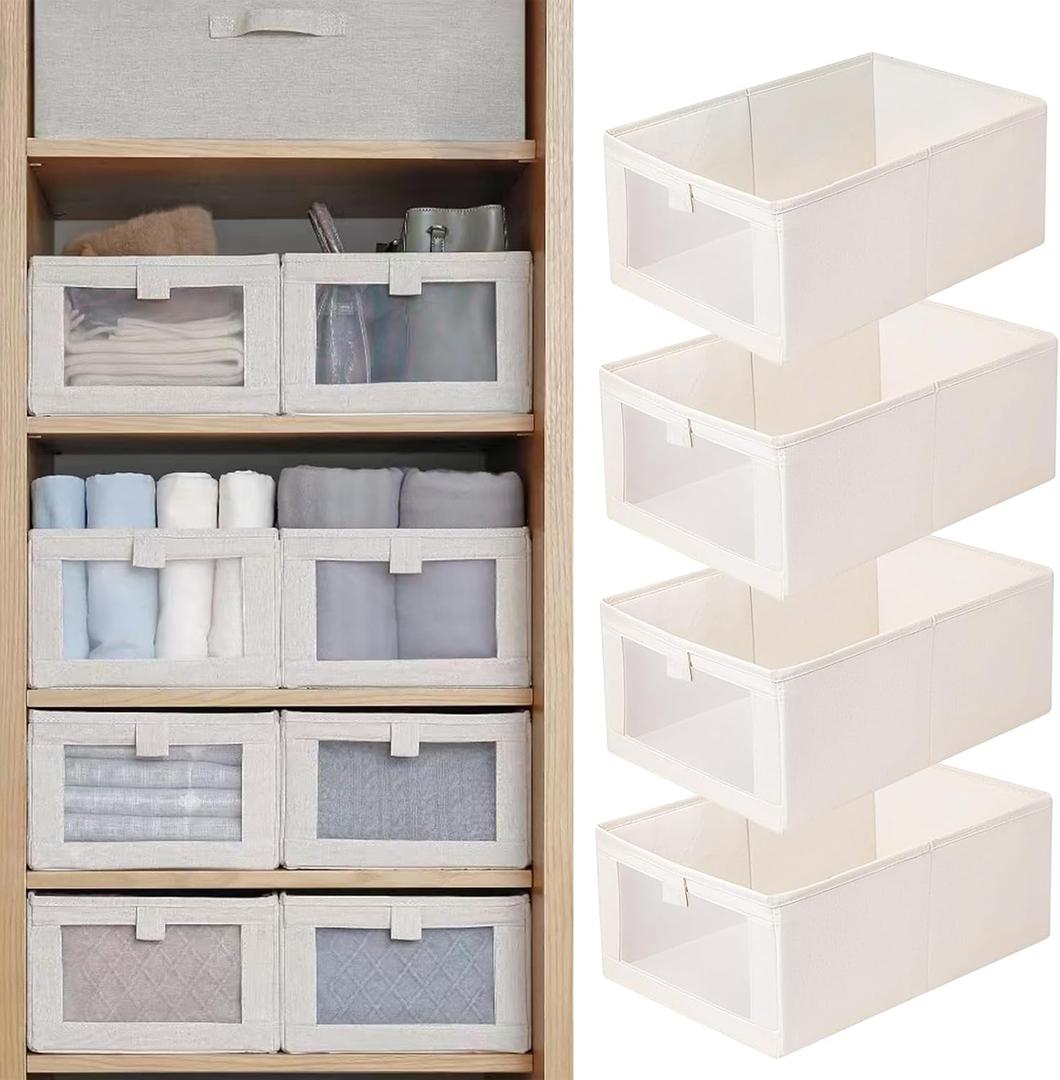 Pradnel Linen Closet Organizers And Storage, 4 Pack Storage Bins Baskets for Organization Foldable Organizer with Clear Window Organizing Clothing, Jeans, Shelves