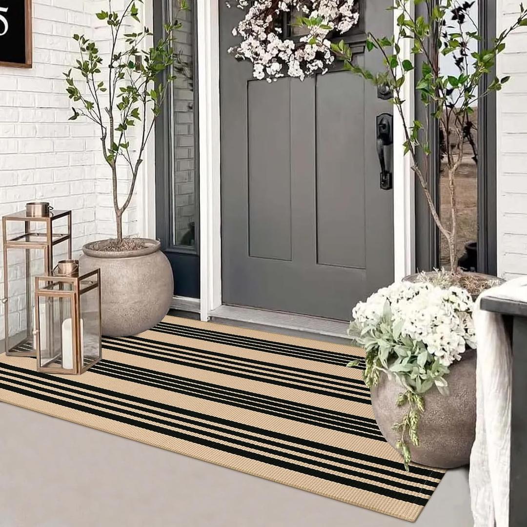 Striped Outdoor Front Door Mat 24"x51", Cotton Hand Woven Washable Black and Khaki Rug Runner, Reversible Foldable Indoor Layered Front Door Rugs for Entryway/Farmhouse/Home Entrance, 2'x4.3'