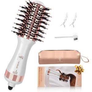Travel Hair Dryer Brush, Nano Titanium 2 Inch One Step Hair Dryer & Styler Volumizer, Mini Oval Hot Air Brush, White and Rose Gold, HB004