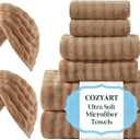 COZYART Lint Free Towel Sets 8 Pcs Tan, Super Soft, Absorbent & Quick Dry Thick Microfiber 3D Bubble Bathroom Daily Use Set with 2 Bath Towels, 2 Hand Towels, 2 Washcloths, 2 Hair Towels