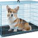 FDW Dog Crate for Medium Dogs 30 Inch Folding Metal WirePet Cage Double Door W/Divider Panel Indoor Outdoor Kennel Leak-Proof Plastic Tray,Blue