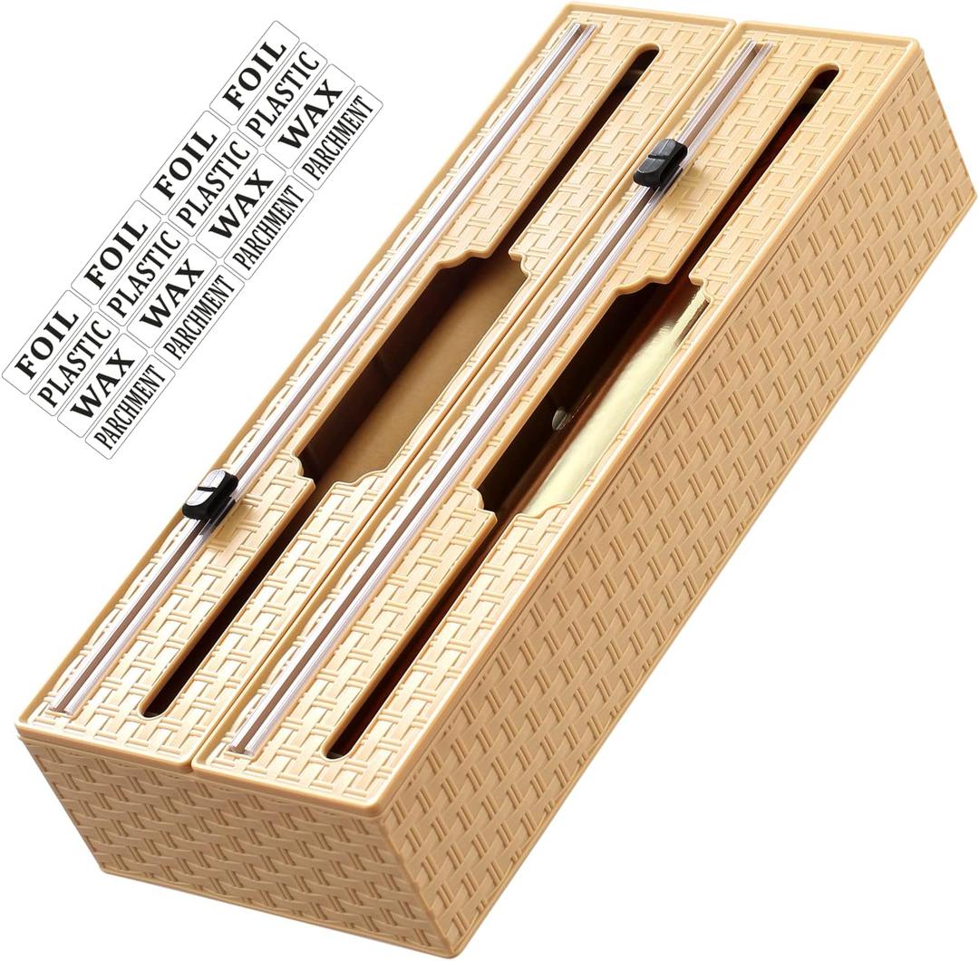Xomoo 2 in 1 Wrap Dispenser with Cutter and Labels, Aluminum Foil, Plastic Wrap, and Wax Paper Dispenser for Kitchen, Bamboo Roll Organizer Holder, Compatible with 12.28" Roll
