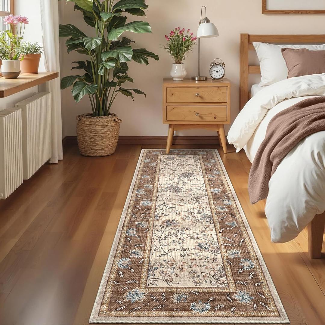 GarveeHome 2x6 Washable Runner Rug for Bedroom, Soft Botanical Floral Kitchen Runner with Non Slip Backing Brown Farmhouse Laundry Mat Stain Resistant Carpet for Hallway Bathroom Beside Rug
