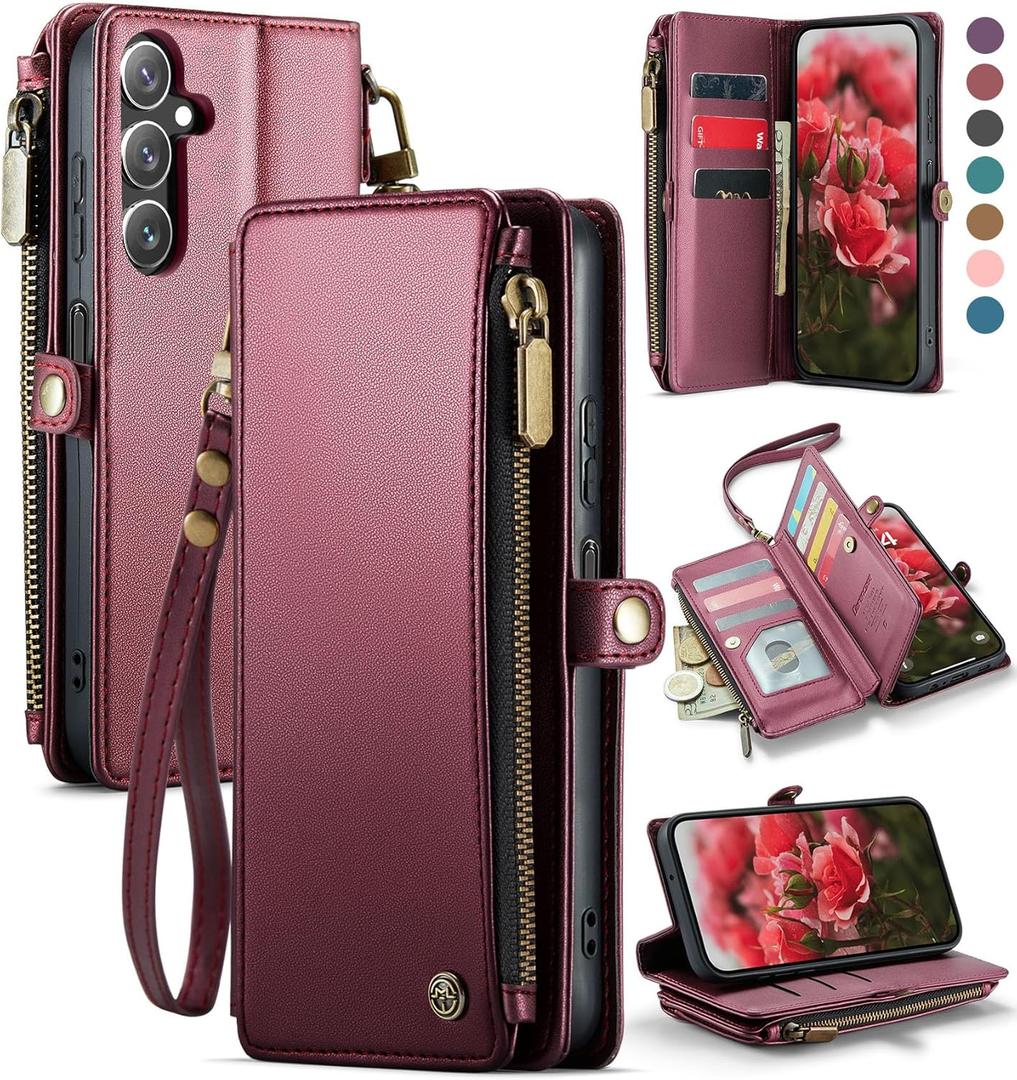 Defencase Compatible with Galaxy A15 5G Case Wallet with RFID Blocking Card Holder for Women Men, PU Leather Magnetic Snap Flip Zipper Strap Wallet Phone Case Fit for Samsung Galaxy A15 5G, Wine Red