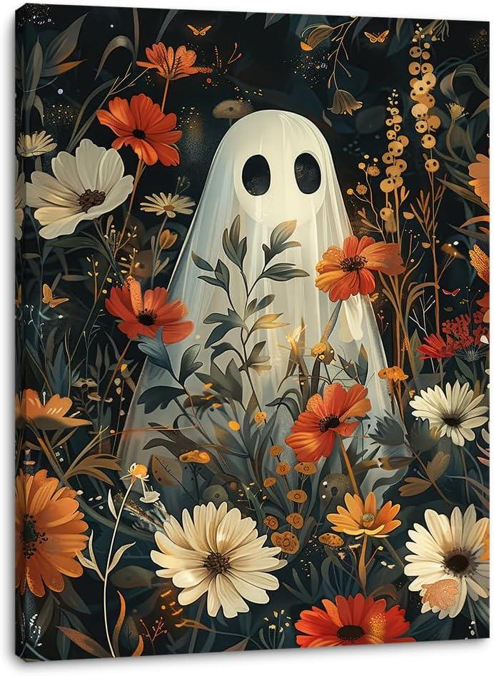 2 x Daktenn Halloween Canvas Wall Art, Cute Floral Ghost In Haunted Forest Poster, Funny Dark Romantic Ghost Print Decorations, Dark Academia Halloween Wall Decor 12x16in White