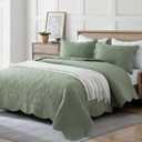 meadow park Embroidered Quilt Set Queen Size - 3 Pieces, Washed Lightweight Coverlet with Scallop Edges, Reversible Bed Cover All Season Quilts-Sage Green