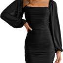 MASCOMODA Women Elegant Square Neck Lantern Long Sleeve Mini Ruched Bodycon Dress Stretch Mesh Slim Party Cocktail Dresses (X-Large, Black)