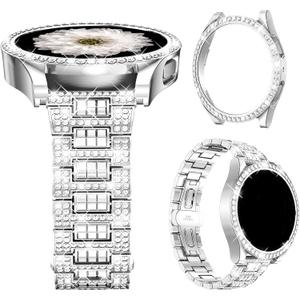 Mosonio Compatible with Samsung Galaxy Watch FE 2024 40mm/Galaxy Watch 5 Band 40mm 44mm/ Galaxy Watch 4 Band 40mm 44mm with Protective Cover Case, 20mm Bling Metal Galaxy Watch Band for Women (Silver, Black, Rose Pink, Rose Gold, Colorful, Starlight)