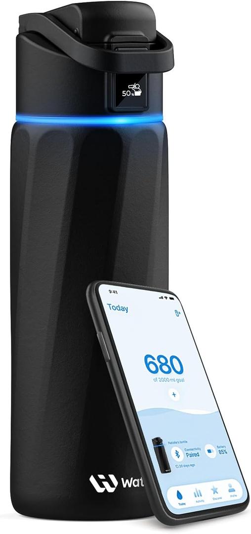 Boost Smart Water Bottle with Reminder to Drink, 24oz BPA-Free Stainless Steel Vacuum Insulated Bottle, Wide Mouth Water Tracker with APP, Ideal for Gift (Ebony)