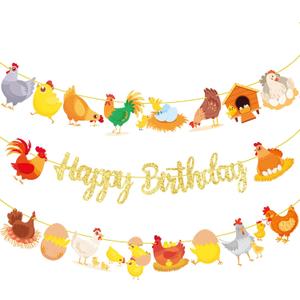 Chicken Birthday Banners 3PCS Party Decorations Glitter Gold Chicken Farm Birthday Party Supplies for Chick Backyard Theme Baby Shower Decorations