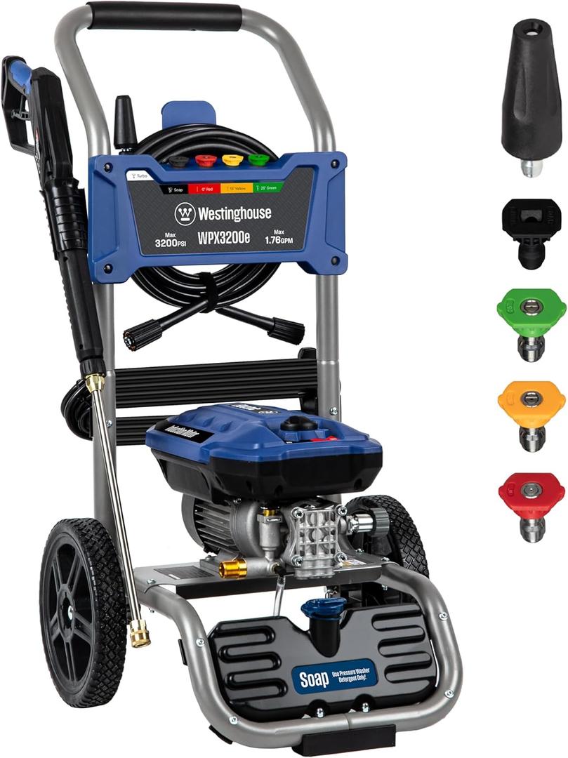 Westinghouse WPX3200e Electric Pressure Washer, 3200 Max PSI and 1.76 Max GPM, Induction Motor, Onboard Soap Tank, Spray Gun and Wand, 5 Nozzle Set, for Cars/Fences/Driveways/Homes/Patios/Furniture, Black
