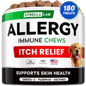 STRELLALAB Dog Allergy Relief & Anti Itch Support Chews w/Omega 3: Real Ingredients, Real Taste! Skin & Coat Immune Supplement w/Fish Oil, Pumpkin & Enzymes  BBQ Chicken - 180Ct