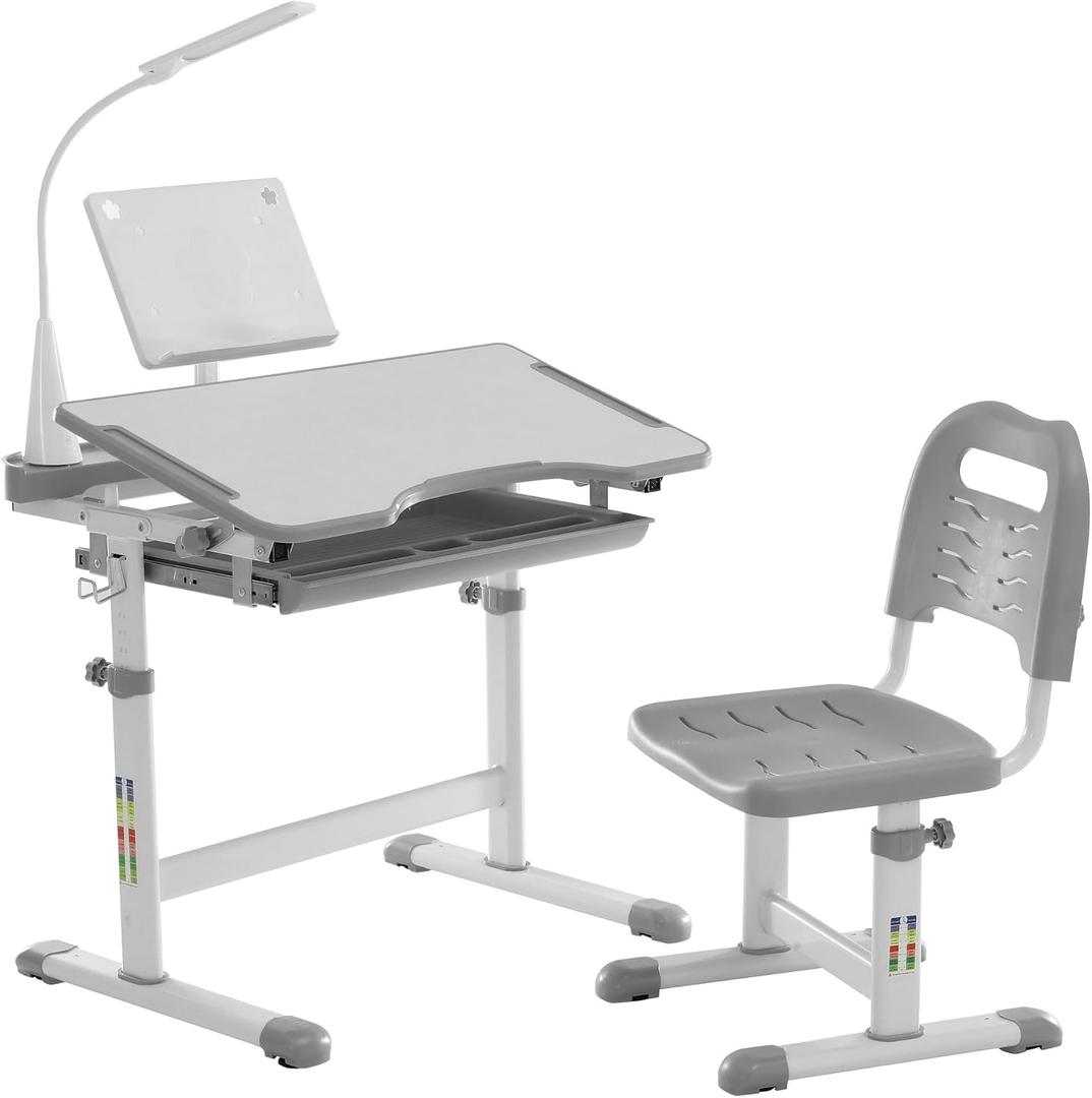 Diroan Kids Functional Desk and Chair Set, Ergonomic Height Adjustable Children School Study Desk with Tilt Desktop, Book Stand, LED Light, Metal Hook and Storage Drawer for Boys Girls(Grey), Large