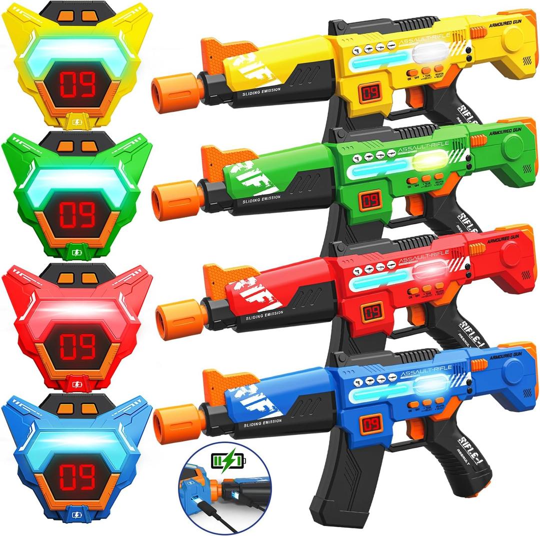 Rechargeable Laser Tag Guns Set of 4 with LED Digital Multi-Functional Vests Birthday Gifts Toys for Kids Boys Girls 8 9 10 11 12+ Years Old Christmas (Ablue/Red/Green/Yellow)