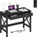 ChooChoo Computer Desk with USB Charging Ports and Power Outlets, 39" Black Desk with Drawers, Small Study Writing Table with Stable X Frame for Home Office