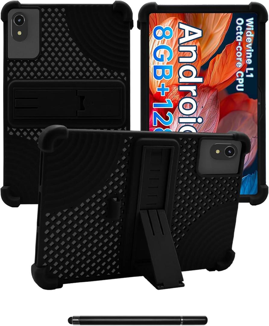 for apolosign ep1095t/ apolomedia ep1095t 11 inch Tablet Case,BOVUGAC Soft Silicone with Capacitive Pen,Heat Dissipation Design,Adjustable Stand,Shockproof,Kids Friendly(Black)