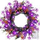 24 Inch Halloween Fall Wreath for Front Door, Artificial Autumn Door Wreath with Black and Orange Berry Leaves, Gothic Flower Wreath for Indoor Outdoor Window, Porch, Wall,