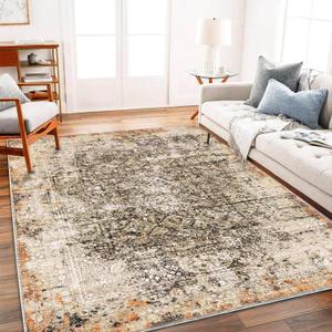 Area Rug 3'x5' Washable Vintage Traditional Floor Cover Foldable Thin Retro Accent Indoor Distressed Non Slip Carpet Floral Print Mat for Bedroom Living Room Bathroom (Khaki and Black)
