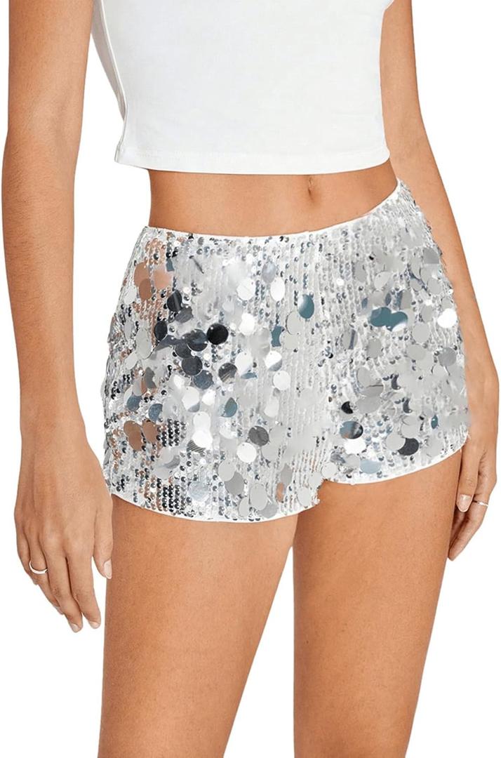 SweatyRocks Women's Sequin Mini Shorts Glitter Low Rise Zipper Up Skinny Sparkly Rave Party Shorts Silver S