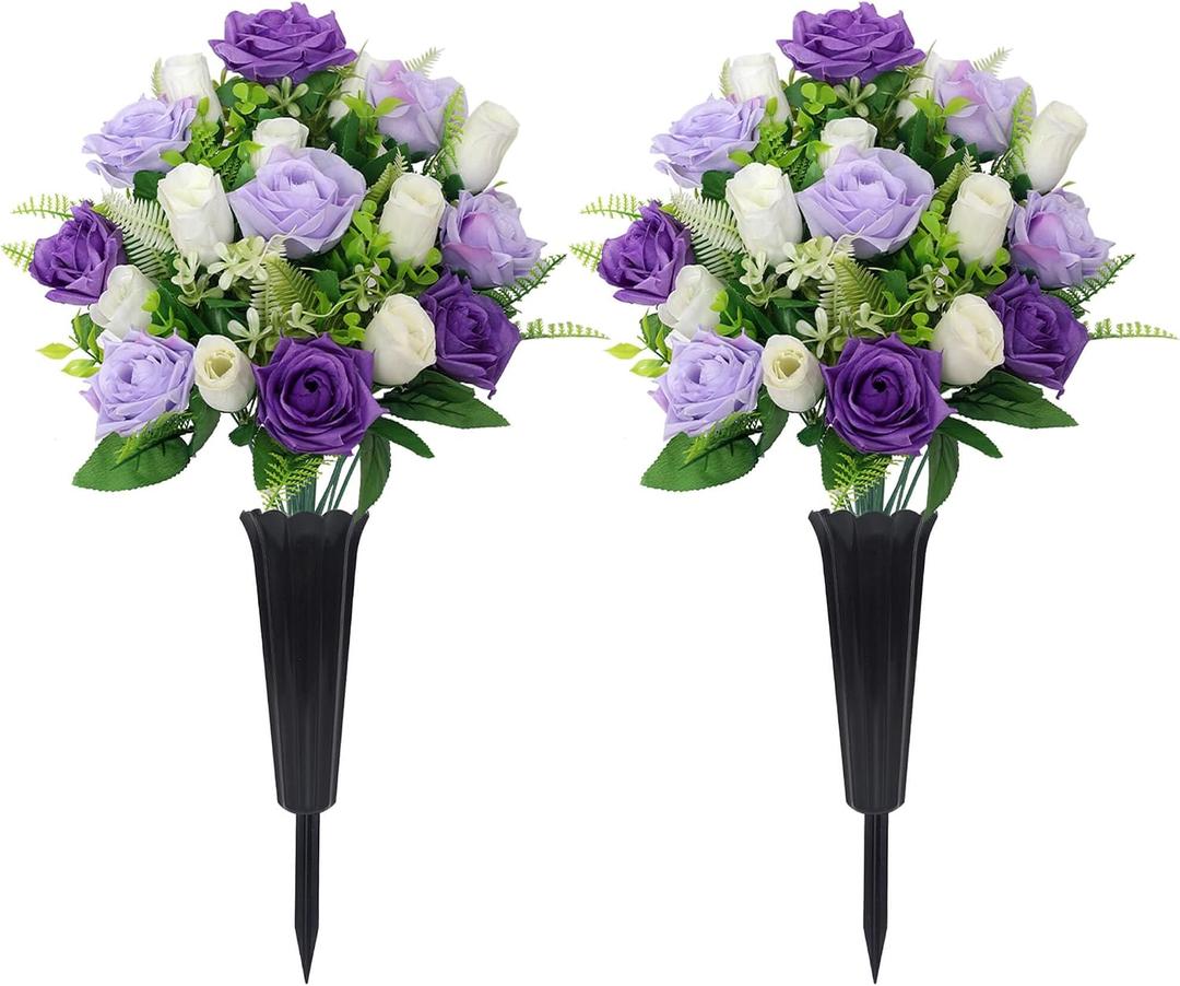 Grave Decorations for Cemetery Artificial Memorial Roses Flowers Bouquets with Vases for Outdoor Grave Decorations Long-Lasting(Purple)