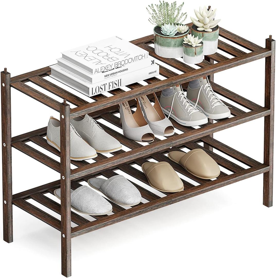 Shoe Rack, 3-Tier Bamboo Stackable Shelf Storage Organizer, Stand for Closet, Entryway, Hallway, Bathroom and Living RoomMocha
