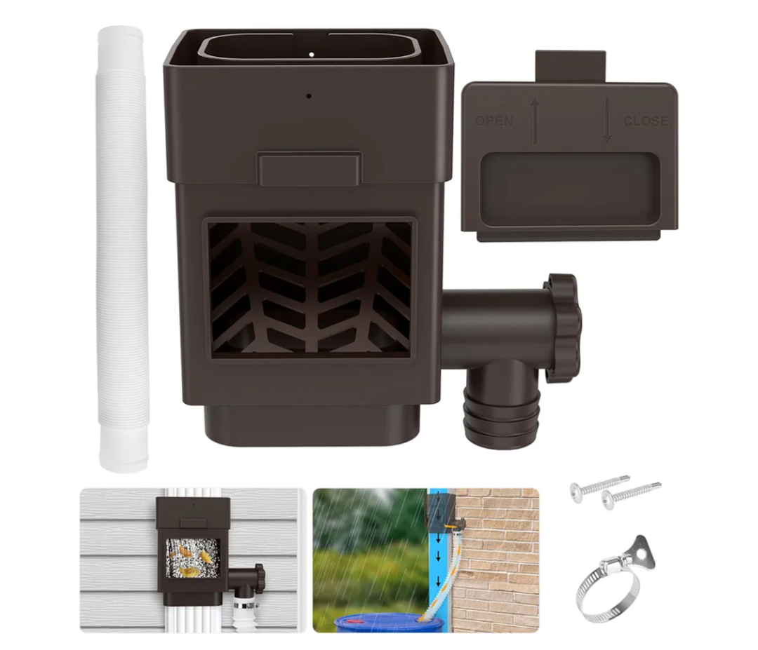 Rainwater Collection System, Downspout Diverter Fits for 2"x 3" or 3"x 4" Residential Downspouts, Rain Barrel Diverter Kit with Adjustable Valve and Filter, 5FT Hose, BrownV7EAL
