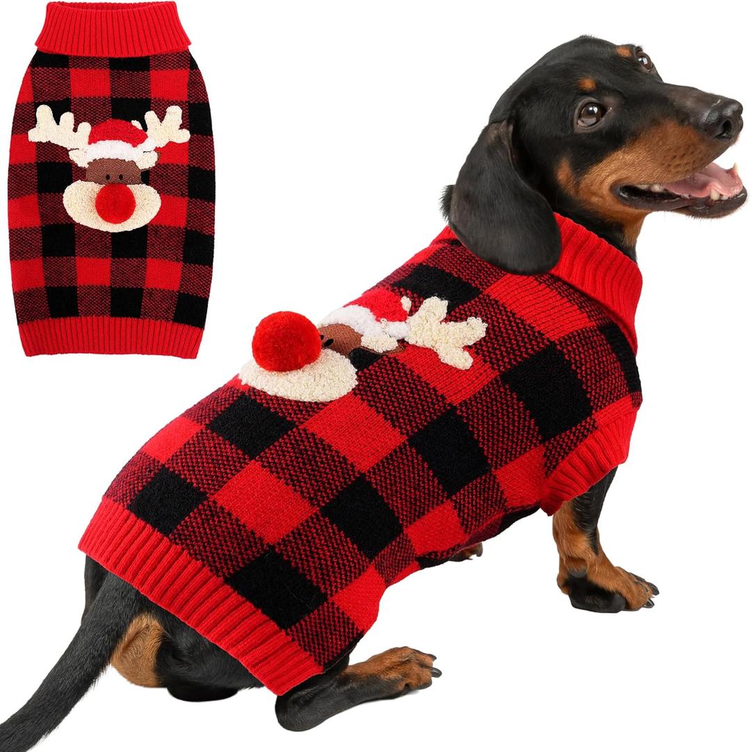 Dog Christmas Sweater Cute Dog Christmas Outfit with 3D Reindeer Pattern Soft Warm Turtleneck Knitted Pet Clothes Cold Weather Puppy Clothes for Small Medium Large Dogs Cats