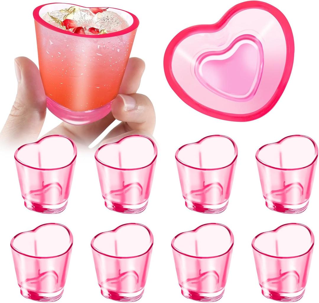 Plastic Shot Glasses of 8 Pcs, 1.5 oz Cute Pink Shot Glasses Set, Heart Shaped Shot Cups Bulk, Reusable Mini Beer Stein Tasting Glass Juice Cups for Whiskey, Tequila, Vodka, Spirits & Liquors