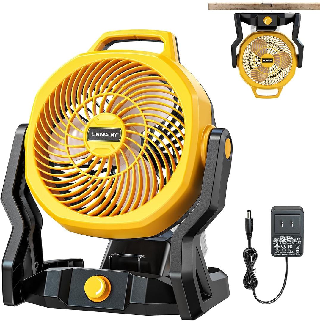 LIVOWALNY Battery Powered Fan Compatible with Dewalt 20V Battery (Tool Only) 3500RPM with AC Adapter Portable Floor Fan with Hook Handle Variable Speed for Camping Jobsite Tent Outdoor
