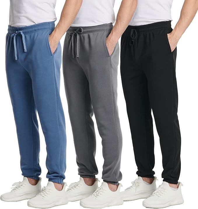 Real Essentials Men's 3-Pack Fleece Joggers with Elastic Bottoms and Pockets, L