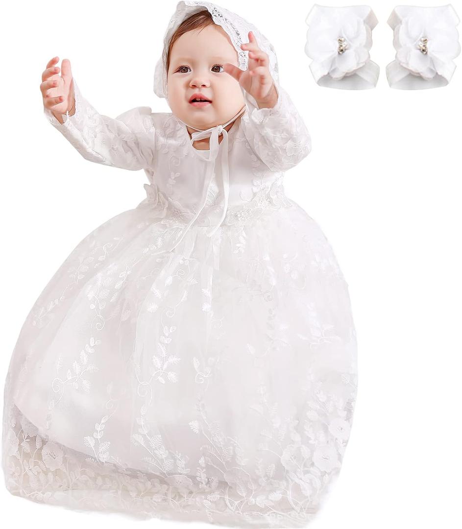 Baby Girl Baptism Dress 3PCS Infant Embroidered Christening Formal Gowns Outfit for Party Wedding (0-6 Months, White)