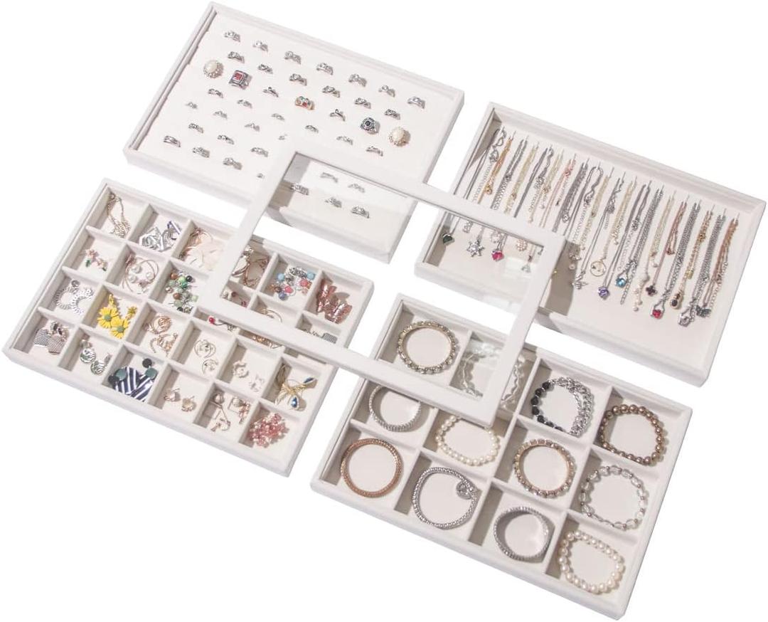 Coward Set of 5 Stackable Jewelry Organizer Tray Necklace Earring Box Storage Ring Bracelet Display Holder (beige(ring+necklace+12girds+24girds+The glass lid))