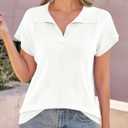Saodimallsu Womens Short Sleeve Sweater Tops Solid Lapel V Neck Knit Shirt Summer Casual Basic Pullover (White, L)