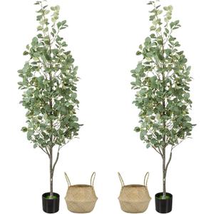 Liyarya 6FT Artificial Eucalyptus Tree with Wicker Basket & Black Pot, Indoor Green Faux Eucalyptus Trees, Fake Eucalyptus Plants with Lifelike Leaves & Natural Trunk for Home Office Bedroom, Pack of 1