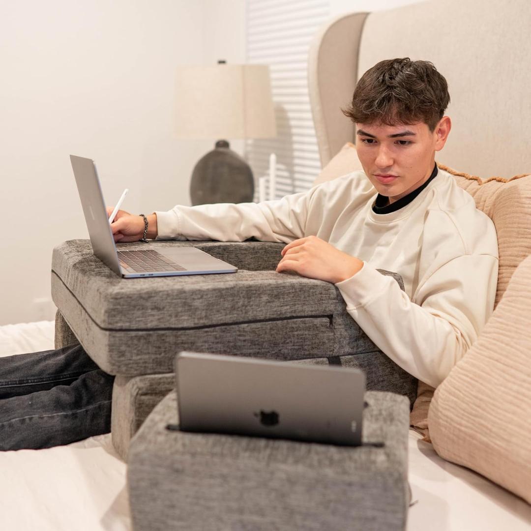 Adjustable Reading Pillow for Gaming, Work from Home, Laptop Pillow Desk with Cup & Phone Holder, Memory Foam Lap Desk Pillow for College Students, Extra Large Arm Rest Pillow for Working, Reading