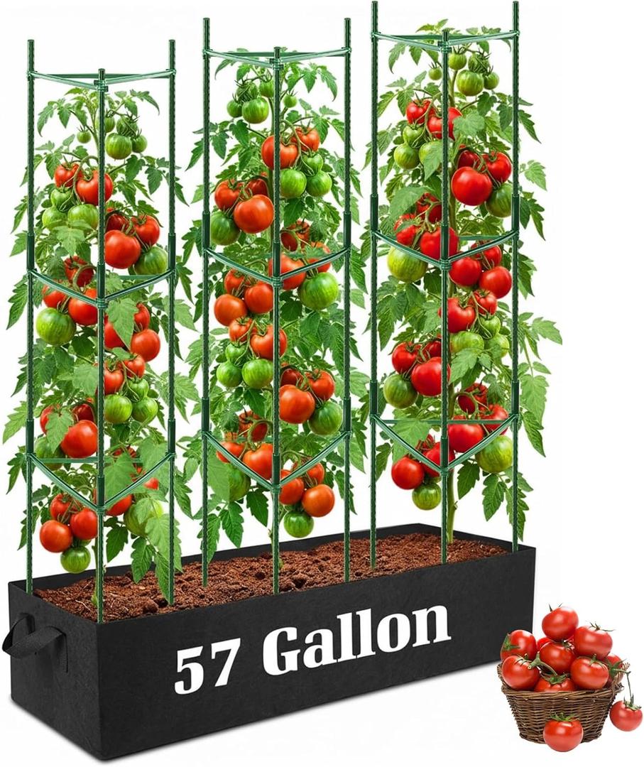 BobbleT 3 Pack Heavy Duty Tomato Cages with 57 Gallon Grow Bag, 48" Adjustable Tomato Trellis for Raised Garden Bed, Sturdy Triangle Plant Support for Climbing Vegetables, Cucumbers & Garden Plants