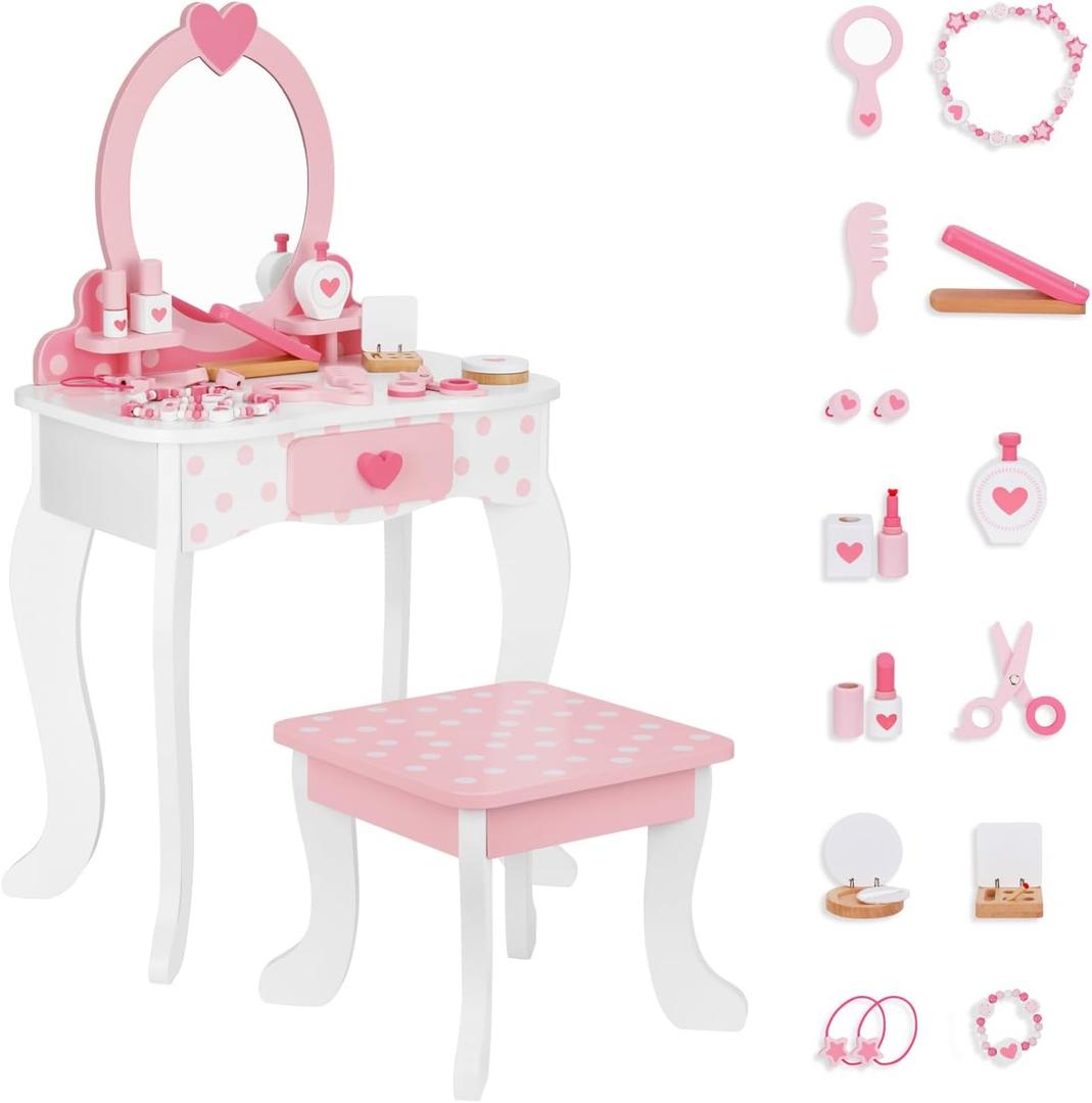 OOOK Kids Vanity Set,Table & Chair Vanity Set with MirrorIncludes 15 pcs Multiple Make up Accessories, Makeup Dressing Table with Storage Drawer, Pink, kids vanity set with stool and mirror