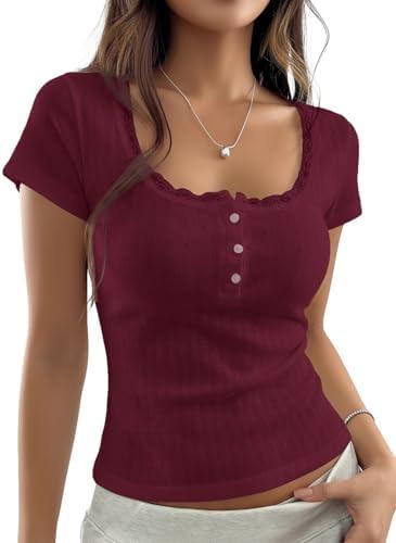 BAIGRAM Women Y2K Button Up Pointelle Minimalist Crop Tshirt Tops Short Sleeve Lace Trim Scoop Neck Henley Summer Shirt ,Size L