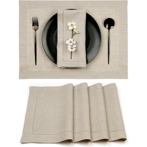 D'Moksha Homes Linen Placemats Set of 4-100% Pure Linen Natural Placemats 14 x 19 Inch - Classic Hemstitch, Washable Natural Placemats for Christmas Decor, Holiday (Set of 4 (14 X 19 Inch), 01 - Natural)
