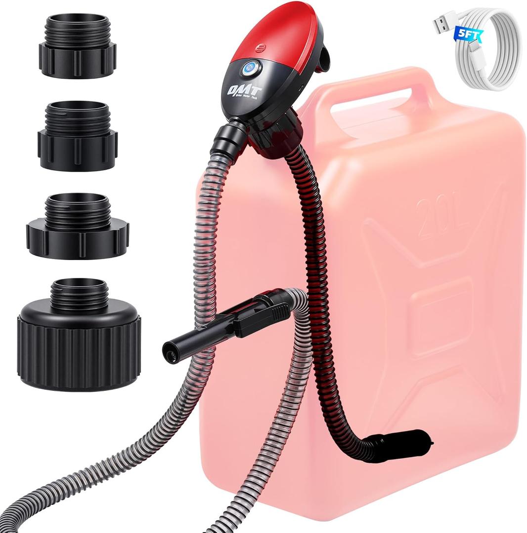 Orion Motor Tech Fuel Transfer Pump, 3.2GPM Electric Gas Can Pump, 51" Hose Auto-Shutoff Nozzle, USB-C & AA Battery (NO BATTERIES INCLUDED) Powered, 4 Adapters for Gasoline, Diesel, Kerosene, Red