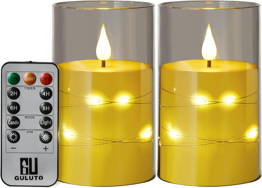 Flameless LED Candles, Non-breakable Battery Operated Candles with Embedded Star String, D 3"H 6", Set of 2, Flickering Pillar Candle with Remote and Timer for Birthday Home Decoration (Grey) (Gray)