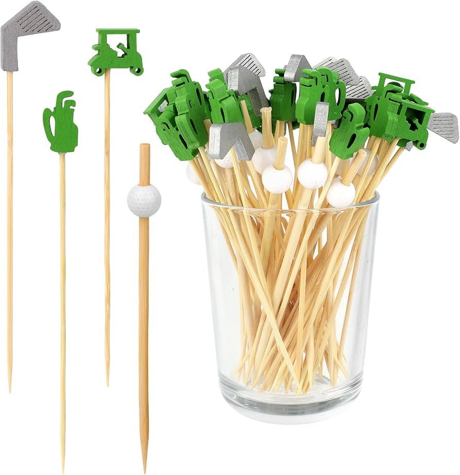 200pcs Golf Cocktail Picks, 4 Style Wooden Golf Drink Stirrers Decorative Martini Skewers Exquisite Cocktail Appetizer Picks for Party Decorations Supplies