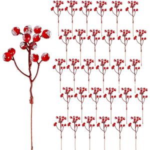 30 Pack Artificial Red Snowy Berry Stems, 8 Inch Snow Red Frosted Spray Holly Berries Picks Christmas Tree Decoration, Filler Branches Ornaments Holiday Winter Decor