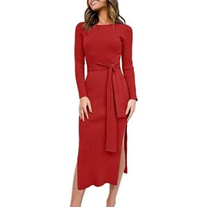 ANRABESS Womens Long Sleeve Sweater Dress Crew Neck Slim Fit Slit Tie Waist 2025 Ribbed Knit Bodycon Midi Dress Fall Outfits, No Siz
