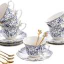 TATSUMI Country Roses 18 Peices Bone China Tea Cup And Saucer Set, English Vintage Tea Cups Of 6 For Women And Tea Party SetsQH,6 SETS (Blue)