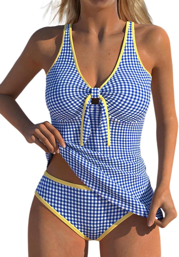 MODLILY Contrast Binding Tankini Swimsuits for Women, Two Piece Cute Bathing Suits, Bowknot Top with Mid Rise Briefs, L