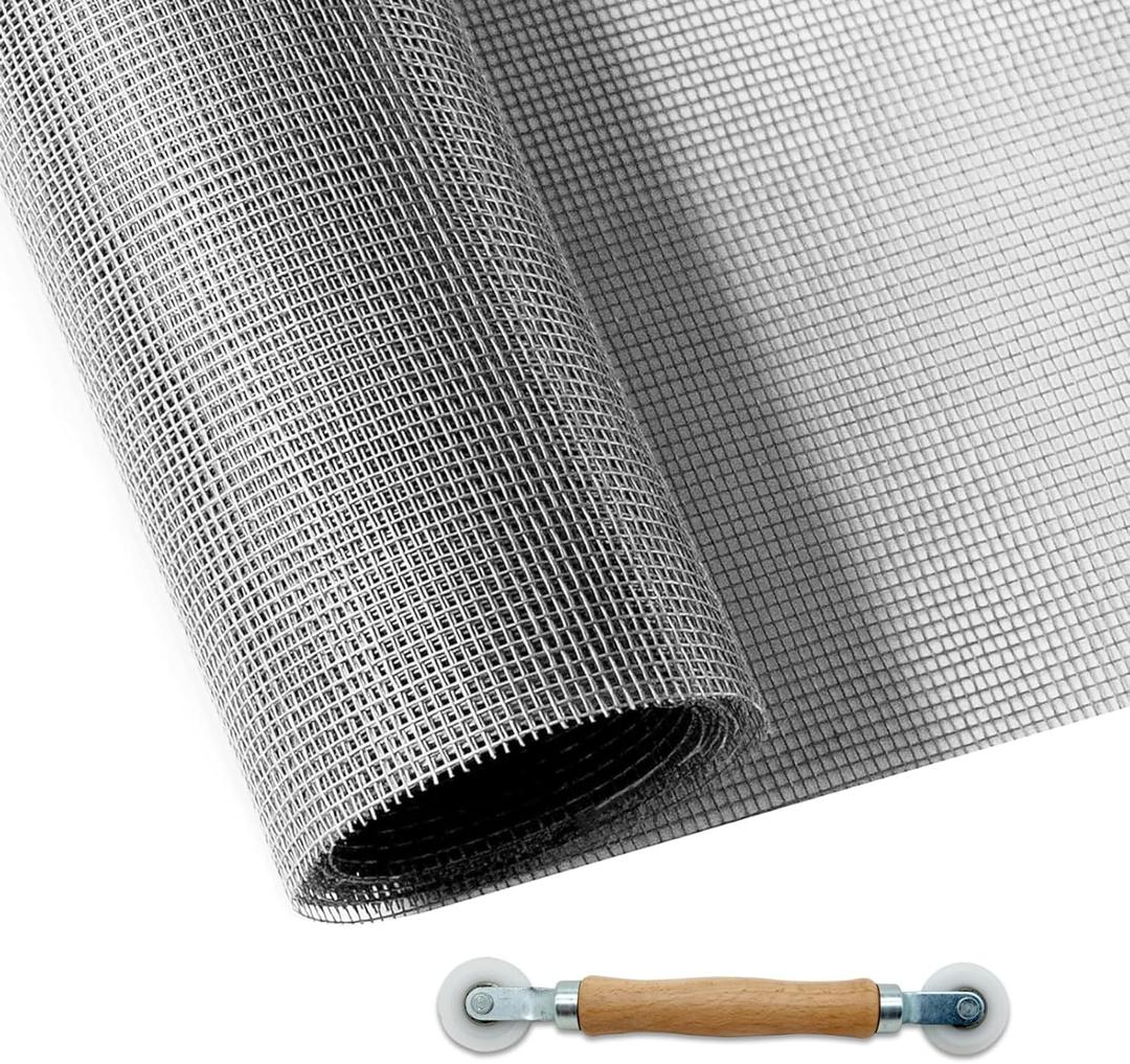 MAISHI 60" x 106" Grey Fiberglass Screen Mesh Roll with Wooden Handle Rolling Tool, 18x16 Mesh Replacement for Extra Wide Sliding Patio Doors and Large Window Frames