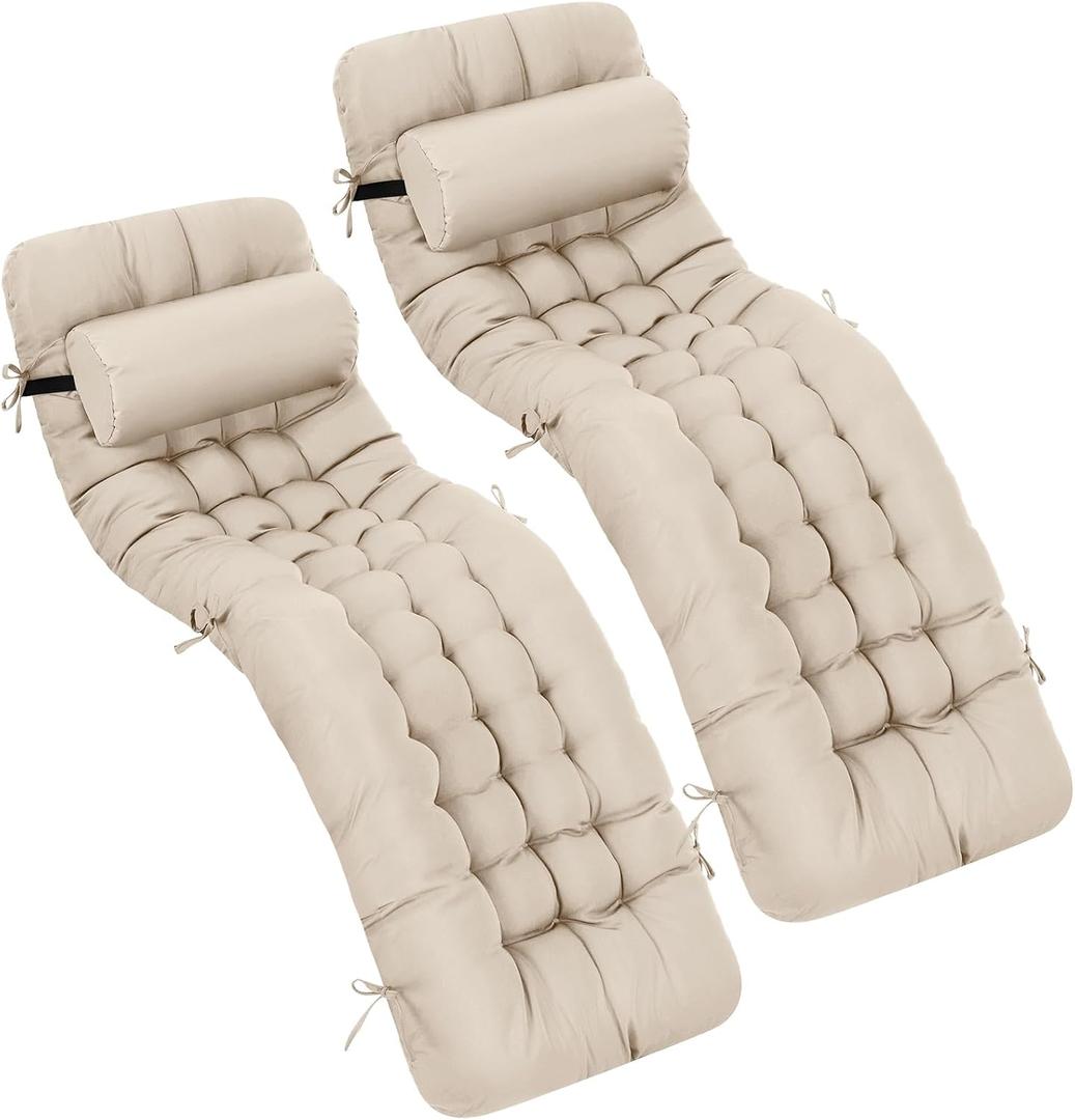 Tudomro 66'' Outdoor Chaise Lounge Cushion Waterproof Patio Pool Chaise Lounge Cushion with Headrest Pillow Tie Fade Resistant Replacement Longue Rocking High Back Chair(Light Beige,2 Pcs), 66 x 20.9 x 3.9 inches